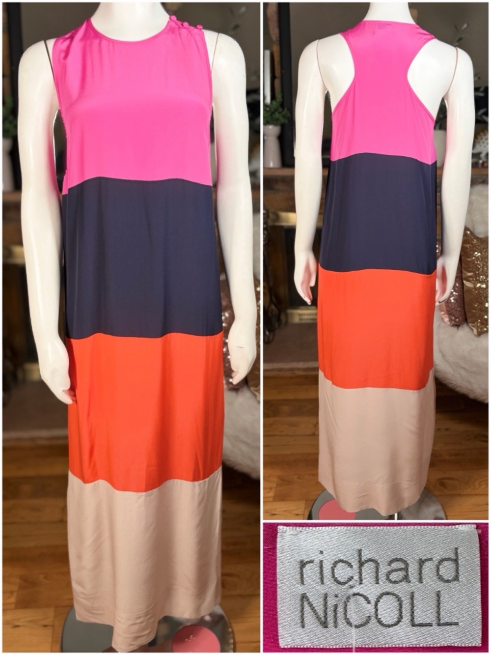 Richard Nicoll 100% Silk Colorblock Sleeveless Racerback Maxi Summer Dress, Sz 6
